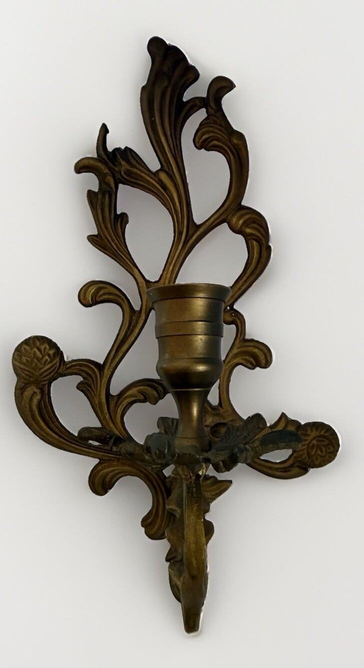 Elegant Vintage Solid Brass Floral Wall Sconce Double Candle Holder Rococo 13”